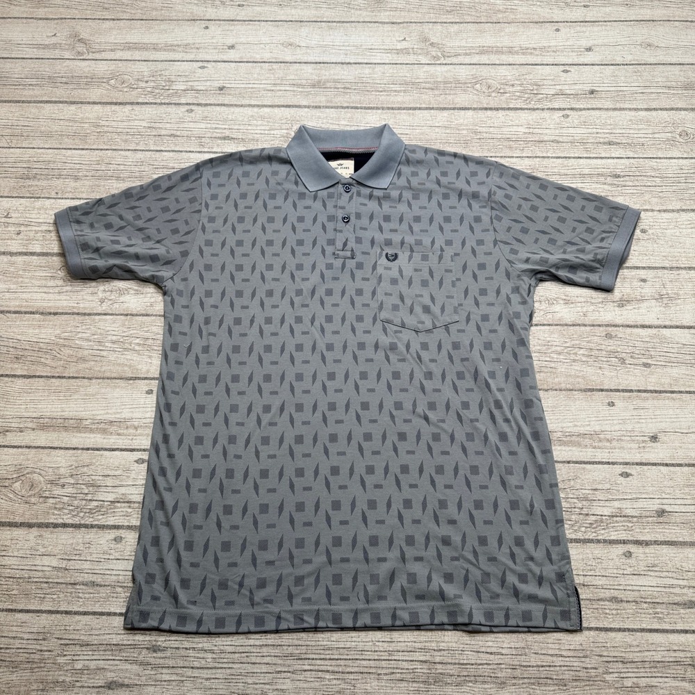 Duke Jeans Polo Shirt Men's Large Gray Geometric Short Sleeve Preppy Athletic